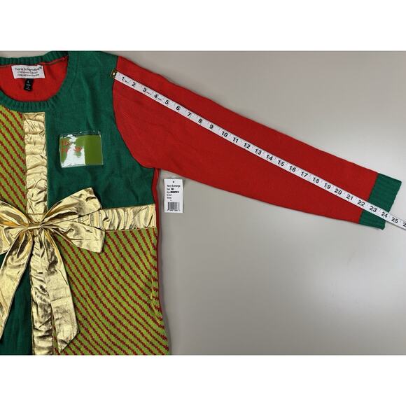 Tacky Christmas Sweater Womens L Gift Wrap Bow Red Green Gold Holiday NWT - Picture 4 of 9